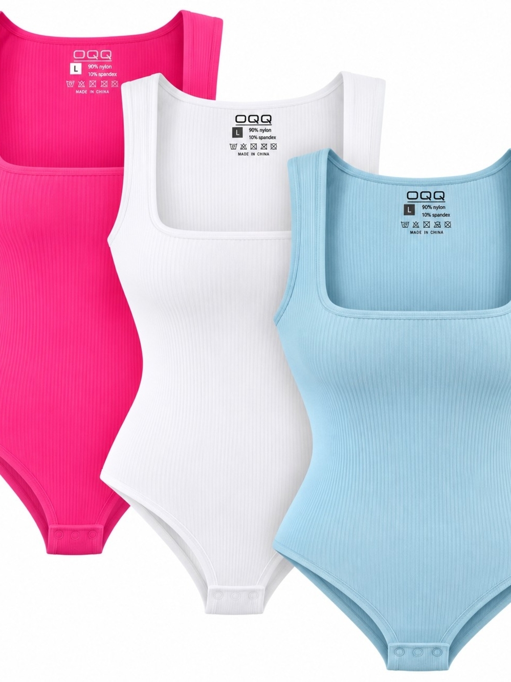 NWT OQQ 3 Pack Ribbed Square Neck Bodysuits Large Pink White Blue